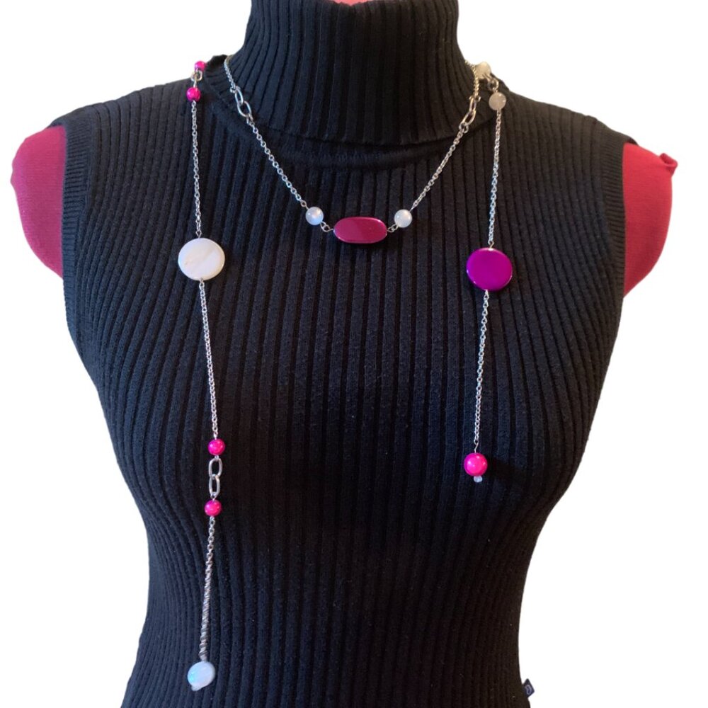 HANDMADE - Fushsia white Beads & chains necklace - Collar + 2 drop chains
